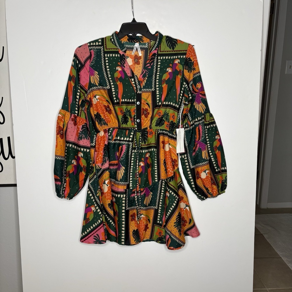 Live 4 Truth Parrot Tropical Patchwork Mini Dress Large Art To Wear Maximalist